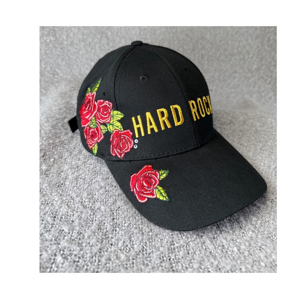 Hard Rock Baseball Cap Women OS Black Hipster Rose Embroidered Gold Logo Hat EUC